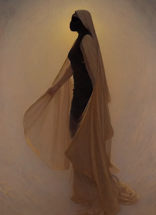 Prompt: a silhouette dressed with a shroud wearing a egyptian golden mask, by jean delville and sophie anderson and mandy jurgens, golden ratio, perfect composition, elegant, no crop, extremely detailed, hd, masterpiece, artstation