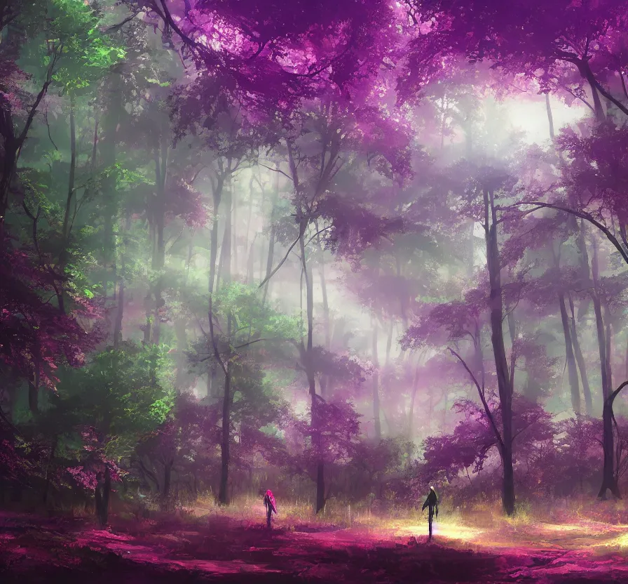 Prompt: purple futuristic solder on forest landscape, acrilic paint, brush paint, heavenly atmosphere, paint, ultra detailed, beautiful image, resolution, artstation