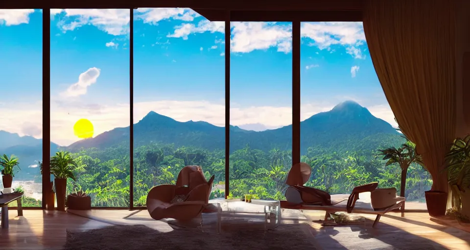 Prompt: big window, mountains in background, cloud forest in background, tropical beach in background, late afternoon sunset, dramatic lighting, holiday vibes, living room, furniture, IKEA catalogue, futuristic, ultra realistic, ultra detailed, cinematic light, anamorphic, wooden floored balcony, by Paul Lehr