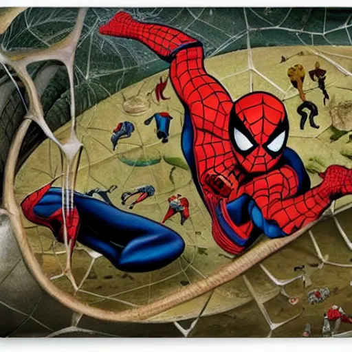 Image similar to spider - man in the garden of earthly delights by bosch.