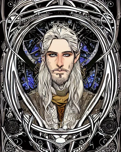 Prompt: a detailed portrait illustration of an elven steampunk wizard. handsome bearded male face, blonde hair. art nouveau, pop art, comic book style. influenced by neil gaiman, h. p. lovecraft, dan mumford, android jones, vadim voitekhovitch, killian eng, ross tran.