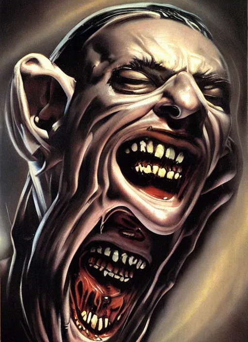 Image similar to saul goodman, screaming, painting by phil hale, giger,'action lines '!!!, graphic style, visible brushstrokes, motion blur, blurry