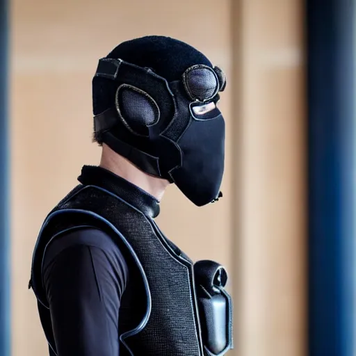 Image similar to medium face shot of adult Austin Butler with exposed head ((((mask)))), dressed in black-prussian blue futuristic-tudoresque clothing with embroidered-Ram-emblem, and nanocarbon-vest, in an arena in Dune 2021, XF IQ4, f/1.4, ISO 200, 1/160s, 8K