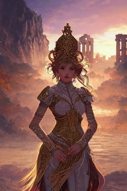 Prompt: portrait knights of zodiac girl, golden and copper shining armor, karate pose, in ruined agora of athens sunrise, ssci - fi and fantasy, intricate and very very beautiful and elegant, highly detailed, digital painting, artstation, concept art, smooth and sharp focus, illustration, art by tian zi and wlop and alphonse mucha and z - - ed