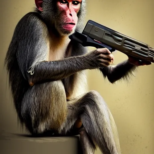 Image similar to portrait of a macaque wearing school uniform, aims his spas-12 shotgun at you, light stubble, digital art,photorealistoc,art by greg rutkowski,hyperdetailed,western comic style,comic,comic style,sharp lineart,professional lighting,deviantart,artstation,trevor henderson,rossdtaws,cinematic,dramatic