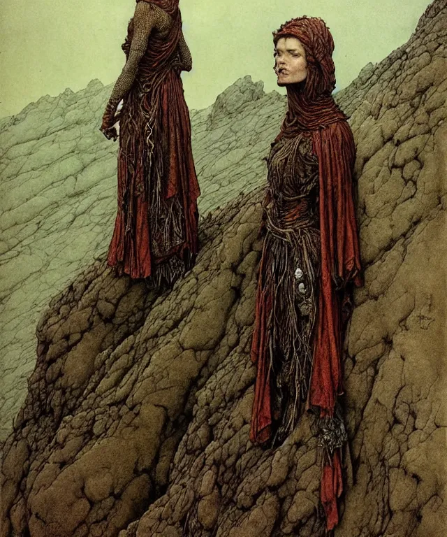 Prompt: A detailed semisnake-semiwoman stands among the hills. Wearing a ripped mantle, robe. Extremely high details, realistic, fantasy art, solo, masterpiece, art by Zdzisław Beksiński, Arthur Rackham, Dariusz Zawadzki