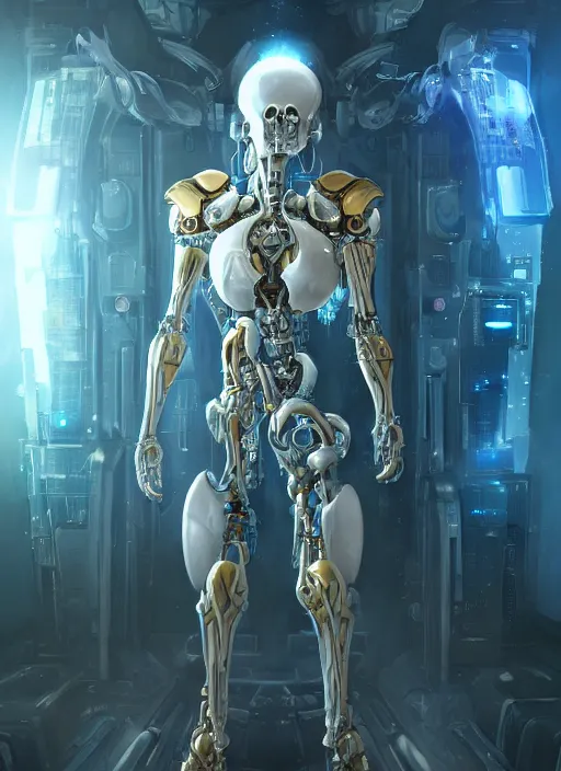 Image similar to benevolent cyborg necromancer, scifi, futuristic, helpful, kind, intelligent, alien room background, white, blue, gold, highly detailed, trending on artstation, soft light, holy machine, advanced technology, art by vitaly bulgarov and nivanh chanthara