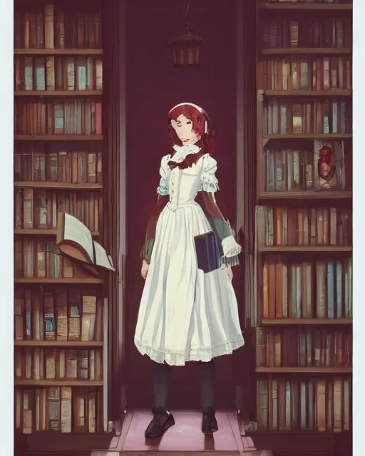 Prompt: a portrait of a victorian maid standing in a victorian reading room, window, bookshelf, holding a stack of books, vivid colors, soft lighting, atmospheric, cinematic, moody, in the style of Ilya Kuvshinov and Range Murata, Krenz Cushart, oil on canvas, anime, 8K