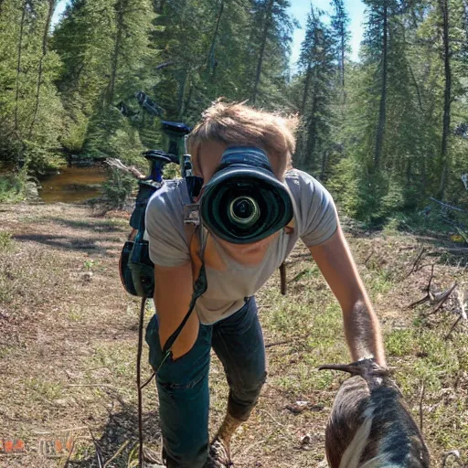 Image similar to high quality trail cam footage of a goose attacking a human. 8 k photography, depth of field, canon dslr