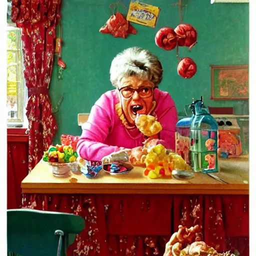 Prompt: hyper realistic hight detailed grandmother with a big mouth eating gummi bears on the table in the russian kitchen, by norman rockwell, bright colors, 4 k, 1 6 k, 3 2 k, photorealistic, cartoon style