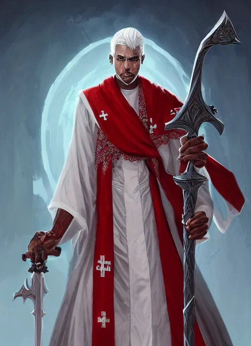 Image similar to a highly detailed illustration of sadistic white haired tanned african priest wearing white robe with red cross design, wielding divine bloody sword, evil smirk, gothic church background, intricate, elegant, highly detailed, centered, digital painting, artstation, concept art, smooth, sharp focus, league of legends concept art, wlop