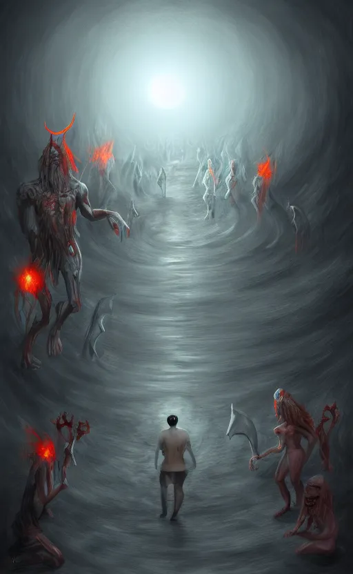 Image similar to Meeting God in Hell, digital art, trending on art station