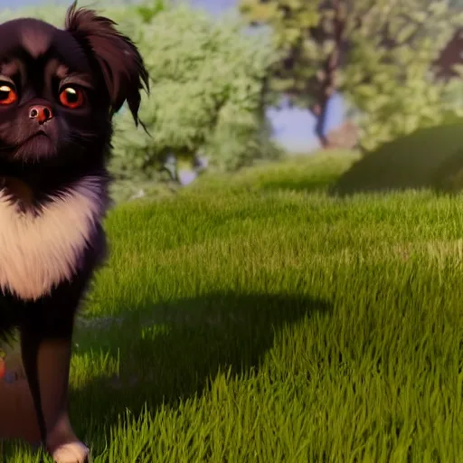 Prompt: a wholesome animation key shot of black tibetan spaniel, studio ghibli, pixar and disney animation, sharp, rendered in unreal engine 5, dramatic lighting