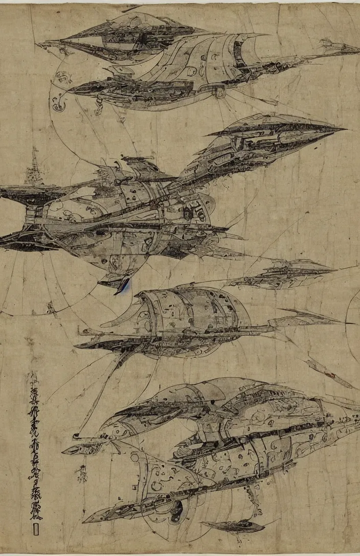 Image similar to the tang dynasty spaceship designed by leonard de vinci, parchment