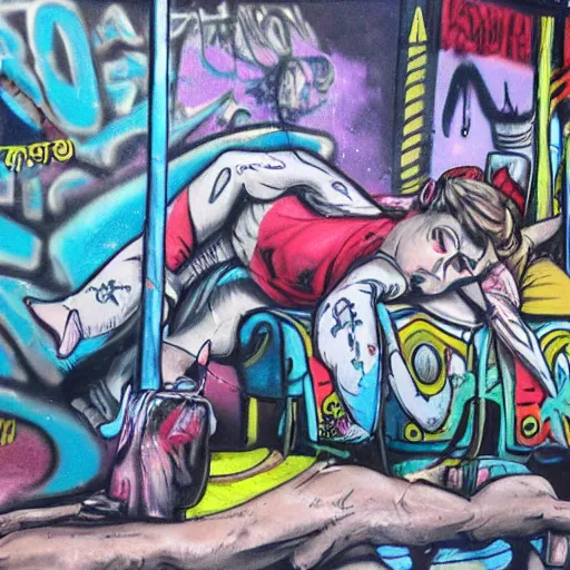 Image similar to A doctor sleeping in a circus, Grafitti art