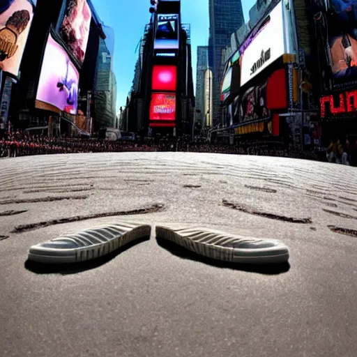 Image similar to sole of a boot about to step down, worms view, looking up, times square, sun spot, fisheye, hyperrealistic