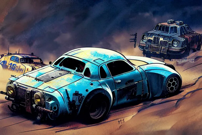 Image similar to dieselpunk mad max's 4 wd alpine a 1 1 0, painted by greg rutkowski makoto shinkai takashi takeuchi studio ghibli, akihiko yoshida