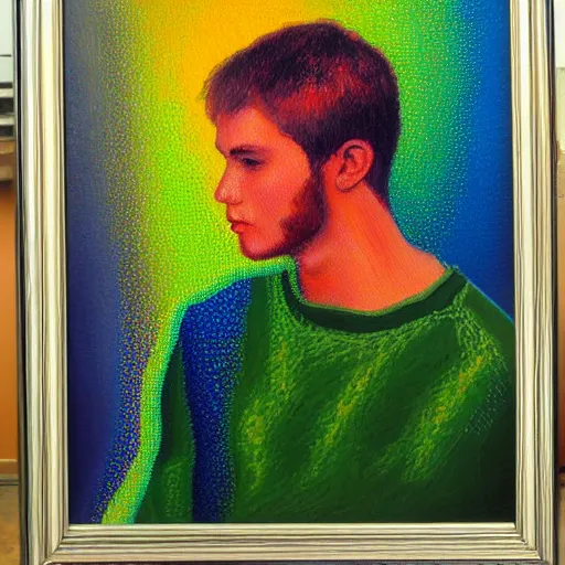 Prompt: oil on canvas, vivid colors, portrait of a young man, impressionistic, pointillism, it is painted really roughly