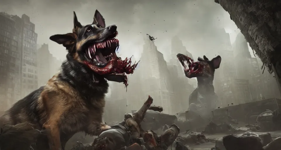 Image similar to the german shepherd of I am legend in new york attacking a zombie, foam around the teeth, octane render, unreal engine, style of peter mohrbacher, 8k highly detailed