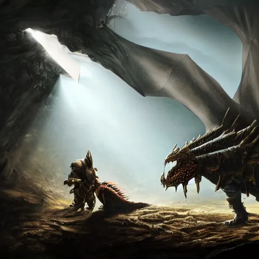 Image similar to photo of an armored knight confronting a large red scaly dragon sleeping on a mountain of human bones in a dark dusty cave with a ray of light shining on it\'s face. The knight is very small in comparison to the dragon. The cave is full with sparkling gemstones and gold. Very detailed 8k. fantasy