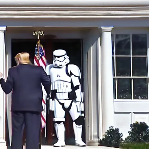 Image similar to Trump trying to protect his huge safe from the deep state agents wearing Storm Trooper gear, angry, kinetic, outrageous,