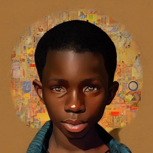 Image similar to colourful upper half caricature portrait of an african boy in magazine collage style, art by drew struzan & alphonse mucha, highly detailed, digital painting, ray tracing, concept art, illustration, smooth sharp focus, intricate, symmetry, artstation,