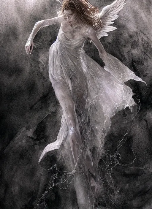 Image similar to portrait, A beautiful angel falling from grace into the depths of the abyss, watercolor, dramatic lighting, cinematic, establishing shot, extremely high detail, foto realistic, cinematic lighting, pen and ink, intricate line drawings, by Yoshitaka Amano, Ruan Jia, Kentaro Miura, Artgerm, post processed, concept art, artstation, matte painting, style by eddie mendoza, raphael lacoste, alex ross