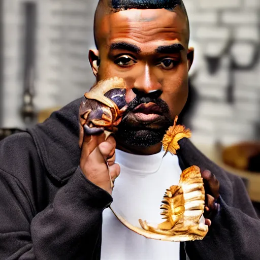 Image similar to bald kanye west eating apple pie on thanksgiving