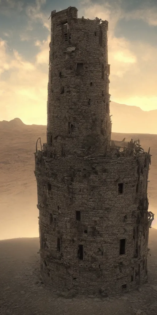 Image similar to an old decaying tower in the middle of a vast desert, fantasy, hyper realistic, atmospheric lighting, cinematic, 8k,