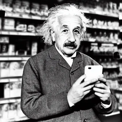 Image similar to colorized photo of Albert Einstein holding a smartphone in Walmart, 4k