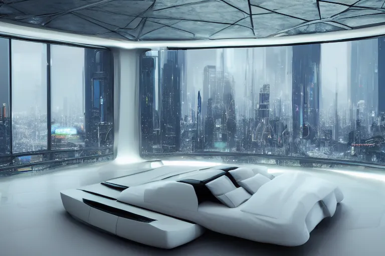 Image similar to a futuristic luxury white bedroom with curved ceiling high windows looking out to a far future cyberpunk cityscape with many flying cars, night time, neon lights, cinematic 3d render, unreal engine 5, cgsociety