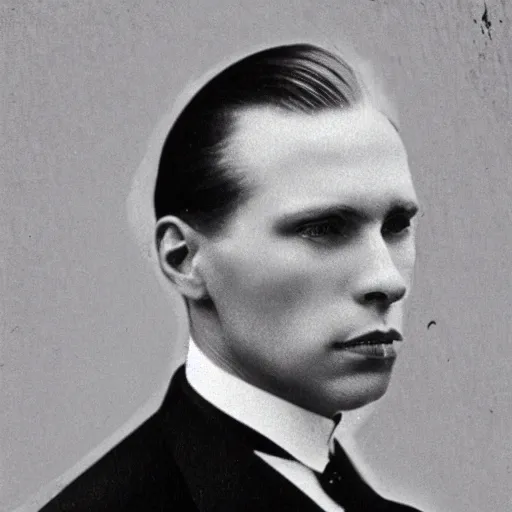 Image similar to A photograph portrait of Jerma985 with slicked back hair in the early 1900s, taken in the early 1900s, grainy, taken on a early 1900s Kodak Camera, realistic, hyperrealistic, very realistic, highly detailed, very detailed, extremely detailed, detailed, digital art, trending on artstation