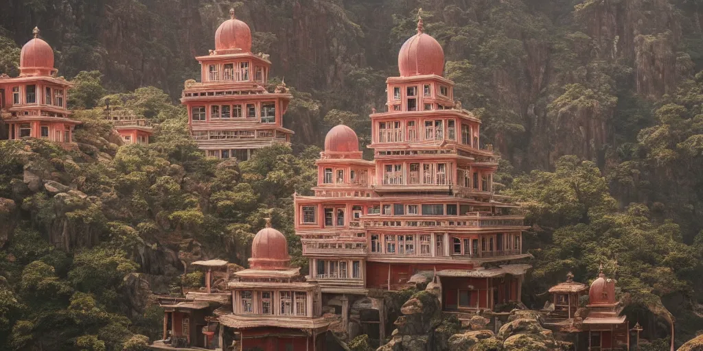 Image similar to a very high resolution image from a new movie, upside - down old temple, beautiful scenery, photorealistic, photography, directed by wes anderson