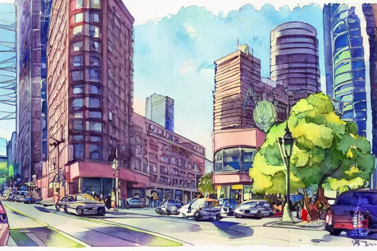 Image similar to !! watercolor!! seattle in a sunny day, artwork by tooth wu, colorful contrast,!!!! very coherent!!!!, dark shadow, thick lineart