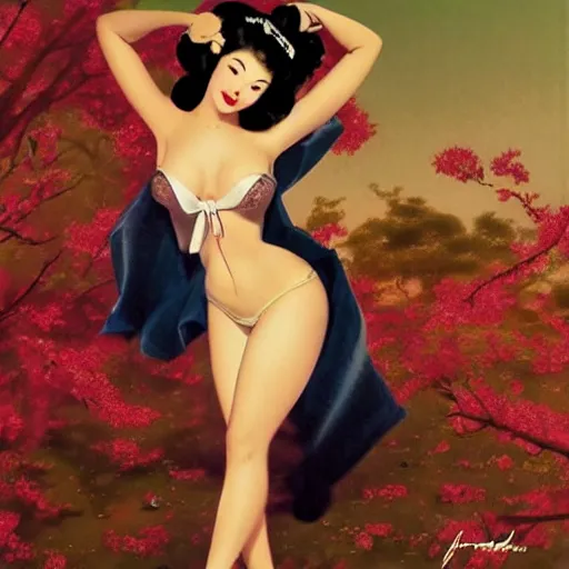 Image similar to pin - up portrait of a beautiful young asian woman, pretty long hair, intense flirting, showing curves, symmetrical face, digital art, smooth, extremely detailed, model pose, intense look, dream, cherry blossoms, gorgeous young model, traditional beauty, perfect proportions, pretty, by wu bayard, by gil elvgren, by ralph horsley,