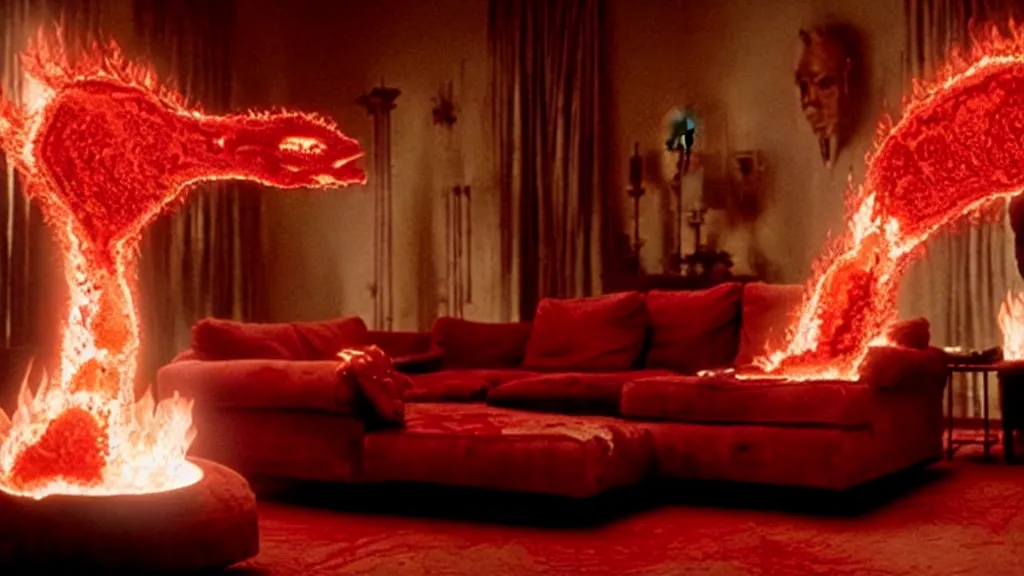 Image similar to a giant hand made of blood and fire floats through the living room, film still from the movie directed by Denis Villeneuve with art direction by Salvador Dalí, wide lens