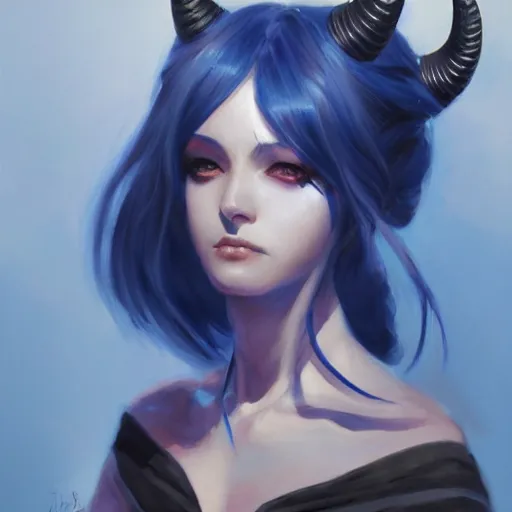 Prompt: a beautiful painting of Akasha, a woman with black eyeshadow, blue skin and horns by krenz cushart, trending on artstation
