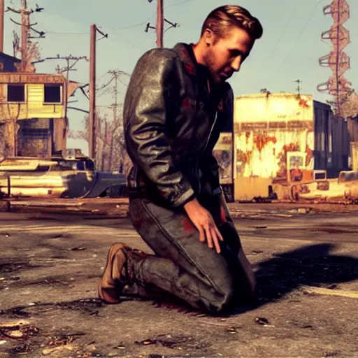 Image similar to ryan gosling in fallout 4 kneels near a nuclear bomb