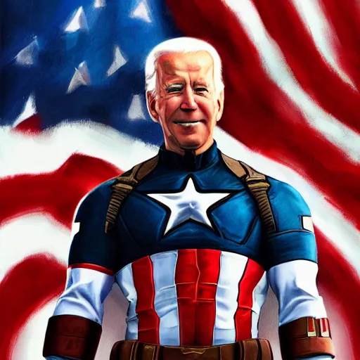 Prompt: hyperrealistic fbody concept art of Joe Biden as Captain America, oil on canvas, in the style of J.C. Leyendecker, Ross Tran and WLOP, 4k, smooth, sharp focus, extremelydetailed