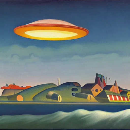 Image similar to painting of mysterious alien saucer hovering over seaside village, 1939, by Thomas Hart Benton