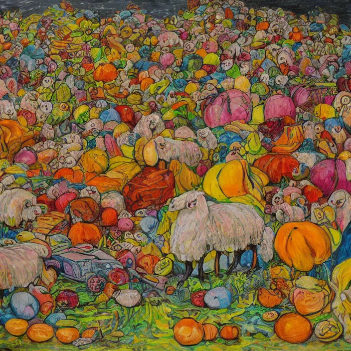 Prompt: several dead sheep, a pile of gigantic fruit, naivistic art, story book illustration, expressive, expressionistic, outsider art, colorful, schizophrenic, paranoid