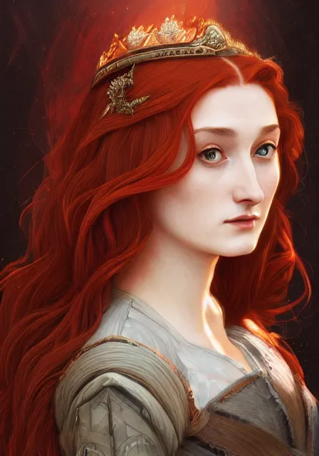 Image similar to portrait of sansa stark with red long hair, intricate, elegant, highly detailed, digital painting, artstation, concept art, smooth, sharp focus, illustration, art by artgerm and greg rutkowski and alphonse mucha and william - adolphe bouguereau