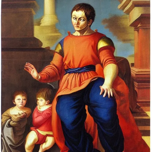 Image similar to renaissance oil painting of Goku posing as napoleon