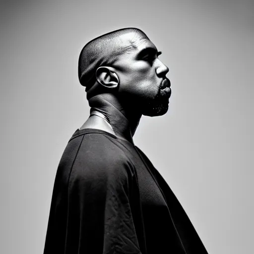 Prompt: a split lighting portrait of kanye west dressed as rick owens, black background, portrait by julia margaret cameron, shallow depth of field, 8 0 mm, f 1. 8