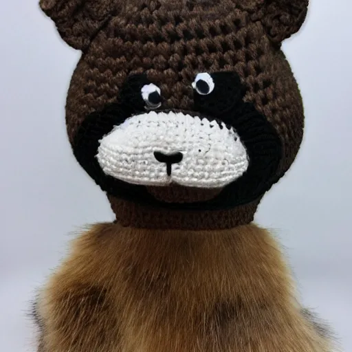 Prompt: a crocheted raccoon hat, very detailed, animal hat, product photo, promotional image