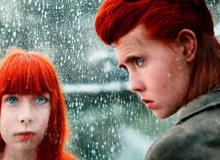 Image similar to A very high resolution image from a new movie, landscape from a car window , teen red hair woman, raining, hot, directed by wes anderson