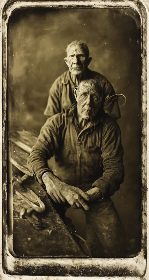 Image similar to a wet plate photograph, a portrait of a wheelwright