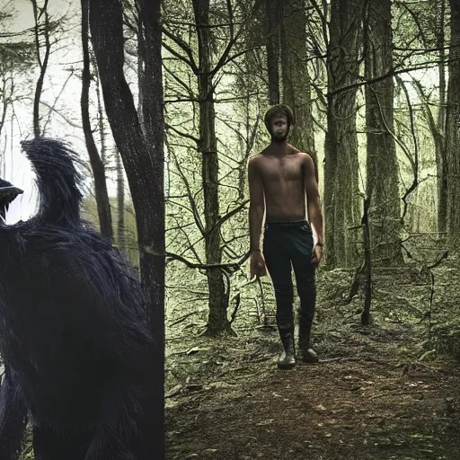 Image similar to werecreature consisting of male human and crow, photograph captured in a forest