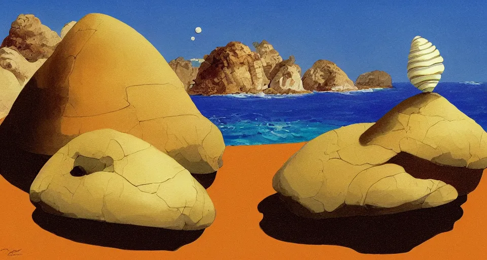 Image similar to acrylic painting of a tiny golden - spiral seashell house on top of a rock, by roger dean, syd mead, cell shaded graphics, concept art, minimalist