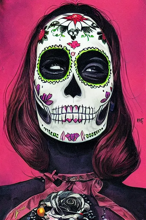 Image similar to Illustration of a sugar skull day of the dead girl, art by vincent di fate